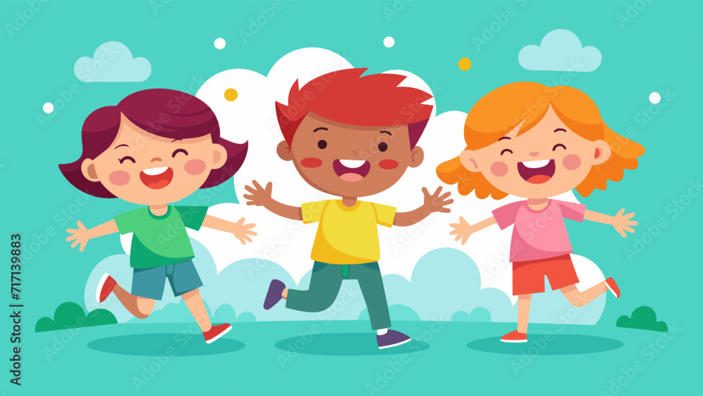 Happy children running and playing outdoors cartoon illustration