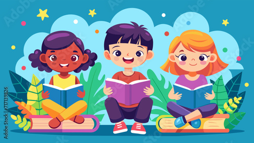 Happy children reading books together in an imaginative setting