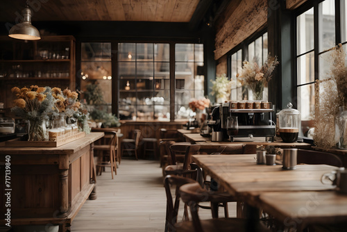 Interior design of a rustic cafe with coffee machine and coffee equipment