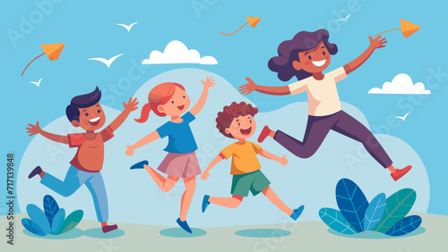 Joyful children playing with adult outdoors in park vector illustration