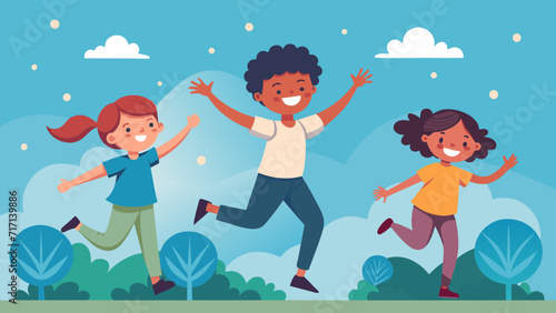 Joyful children playing outdoors in a park, vector illustration