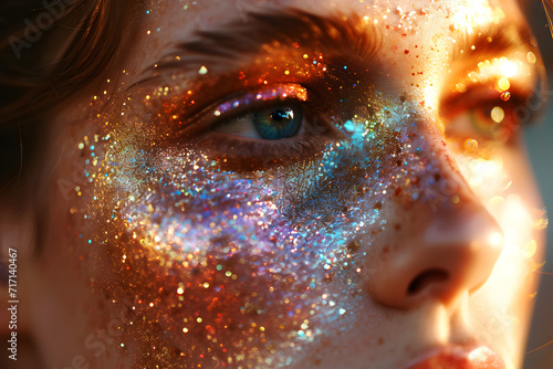 Close-up, red-haired girl with freckles, are highlighted with makeup, incorporating a touch of glitter for added elegance. Generative AI