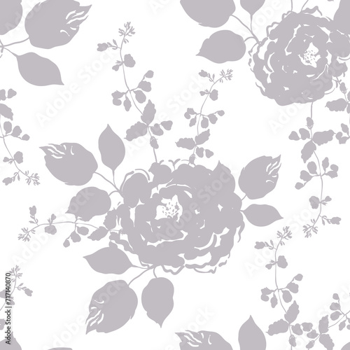Rose flowers and leaves shadows, white background. Floral bouquets silhouettes. Vector seamless pattern. Botanical design. Nature summer garden plants. Romantic illustration