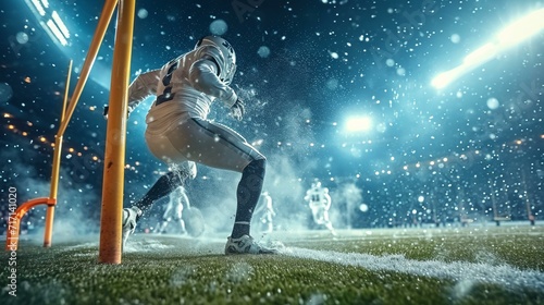 Dynamic shot of a kicker successfully making a field goal, with the ball sailing through the goalposts. [Kicker successfully making field goal with ball sailing through goalposts