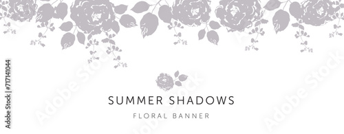 Rose flowers and leaves silhouettes, white background. Banner template with text. Vector illustration. Floral arrangement. Summer border design