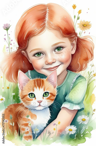 portrait of happy green eyed redheaded little girl is playing with a little tabby ginger kitty on the flower meadow isolated on white background, cartoon character illustration watercolor style