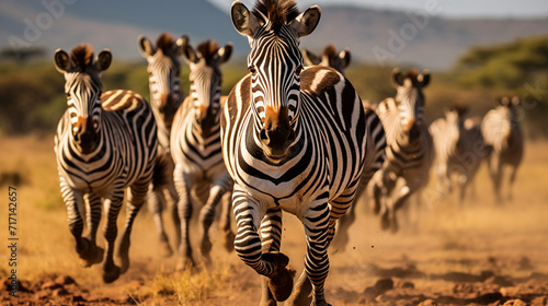 group of zebras running across the plains  AI Generative.