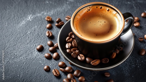 Espresso in a black cup with scattered beans on a dark background