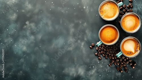 Espresso cups on a starry grey background with beans