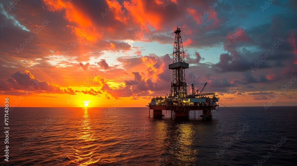 Oil rig silhouetted against a vibrant sunset, showcasing the energy industry's beauty. [Oil rig at sunset