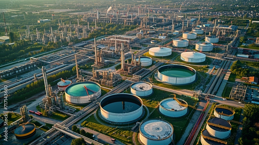 Aerial view of oil storage tanks at a refinery complex, demonstrating ...