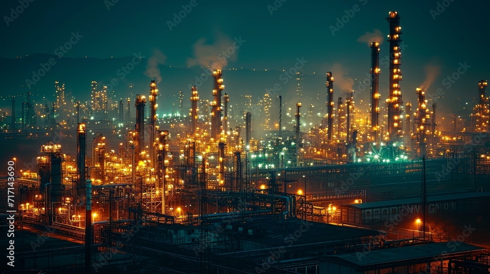 Night scene at an illuminated oil refinery, emphasizing the continuous nature of production. [Night scene at illuminated oil refinery Night scene at an illuminated oil refinery, emphasizing the continuous nature of production. [Night scene at illuminated oil refinery
