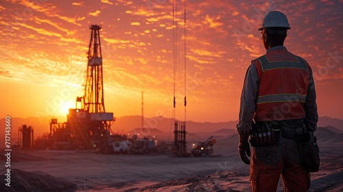 Engineer overseeing the drilling process at an oil well site in the desert. [Engineer overseeing drilling process in the desert photo