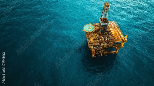 Drone shot of an offshore oil platform surrounded by calm blue waters. [Drone shot of offshore oil platform photo