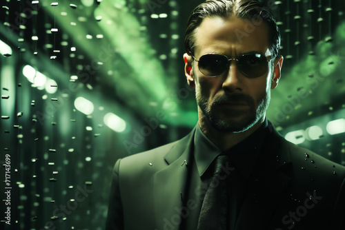 portrait of a man in black eyeglasses on a dark green background, looks like a hacker, particles of light, cybernetics, science fiction concept and cyber art