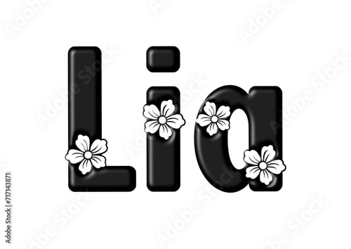 Lia - black color - written with engraved typical Hawaiian hibiscus flowers- ideal for websites, e-mail, sublimation greetings, banners, cards, t-shirt, sweatshirt, prints, cricut, silhouette,	