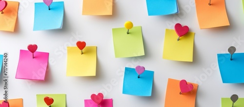 Various vibrant pins and heart-shaped post-its on a white background. photo