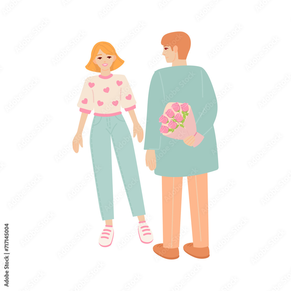 Beautiful happy couple of young woman and man. Gifting a bouquet of flowers. Romantic illustration of people dating and in love. Valentine's day cartoon vector illustration Beautiful happy couple of young woman and man. Gifting a bouquet of flowers. Romantic illustration of people dating and in love. Valentine's day cartoon vector illustration