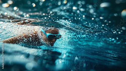 Swimmer gracefully gliding through the water with a serene expression, showcasing elegance. [Graceful swimmer gliding through water