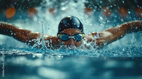 Abstract shot of water droplets flying as a swimmer executes a powerful butterfly stroke. [Abstract shot of water droplets in butterfly stroke © Julia