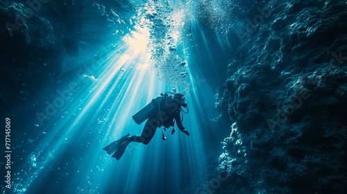 Scuba diver descending into the depths with a powerful underwater flashlight, creating a beam of light. [Scuba diver descending with underwater flashlight
