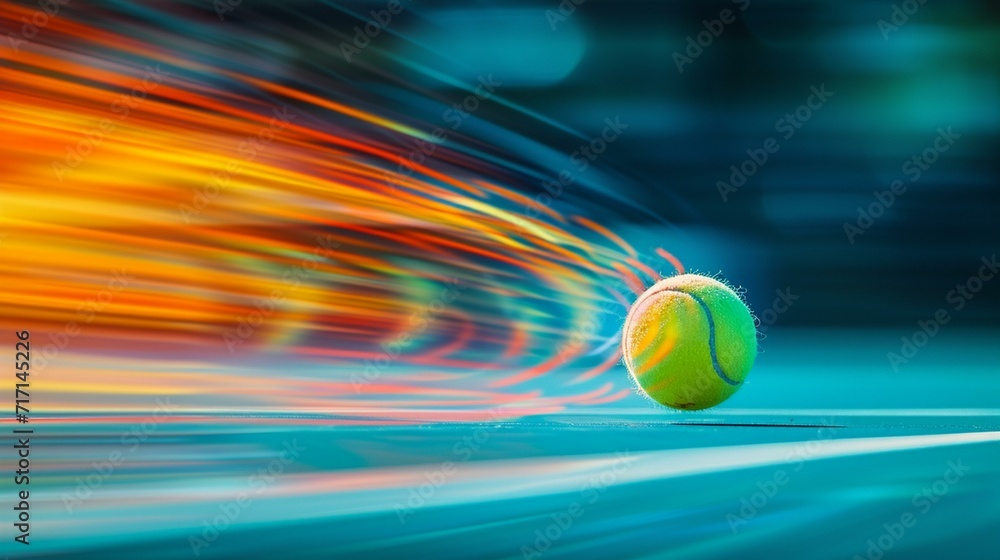 Abstract shot of a tennis ball in motion, leaving colorful trails against a blurred court background. [Abstract shot of tennis ball in motion with colorful trails