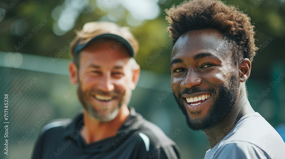 Candid moment of a tennis player sharing a smile with their coach during a break in training. [Tennis player smiling with coach during break in training Candid moment of a tennis player sharing a smile with their coach during a break in training. [Tennis player smiling with coach during break in training