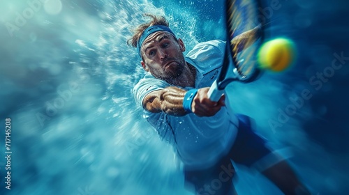 Dynamic shot of a tennis player executing a powerful overhead smash, capturing the athleticism of the sport. [Tennis player executing powerful overhead smash photo
