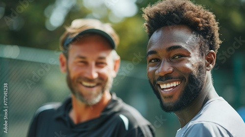 Candid moment of a tennis player sharing a smile with their coach during a break in training. [Tennis player smiling with coach during break in training