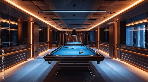 Panoramic view of a modern billiard room with sleek design and state-of-the-art tables.  Modern billiard room with sleek design and state-of-the-art tables