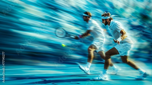 Artistic shot of tennis players in action, capturing the fluidity and grace of their movements on the court. [Artistic shot of tennis players in action