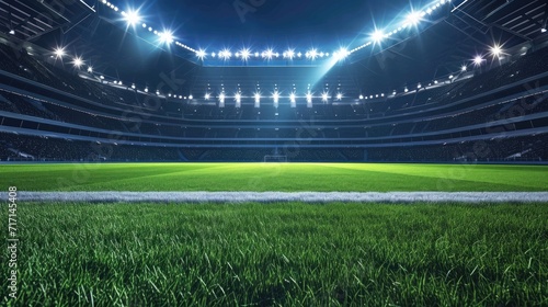Football field stadium illuminated by spotlights, empty green grass playground © Achira22