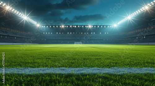 Football field stadium illuminated by spotlights, empty green grass playground