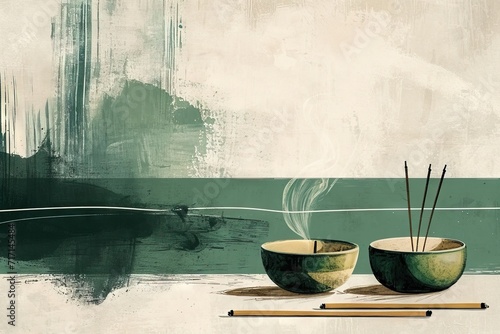Abstract zen, calming in balance bowl with incense sticks and bowls on a shelf with serene still life of a colorful painting, delicate and vibrant aromatic vibes displayed on a wall shelf.