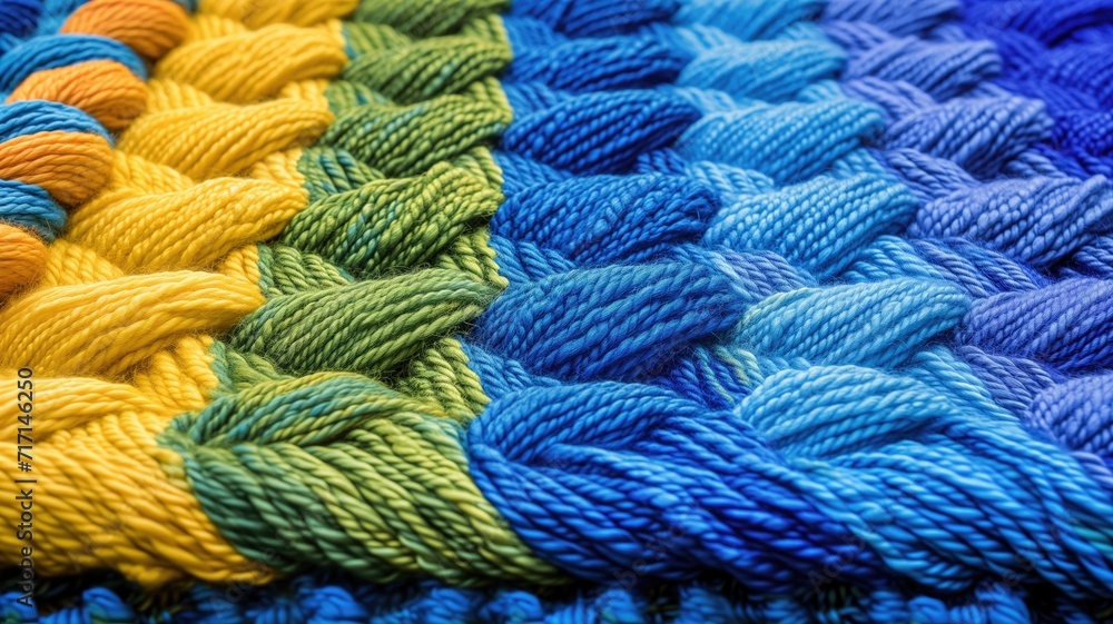 Close-up of colorful woven yarn textures in blue and green
