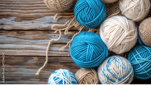 Balls of blue and beige yarn on rustic wooden background