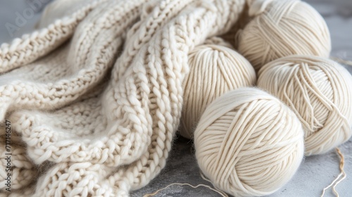 Close-up of a knitted blanket and yarn balls in neutral tones