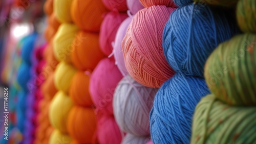 Soft focus on vibrant yarn balls in a craft store display