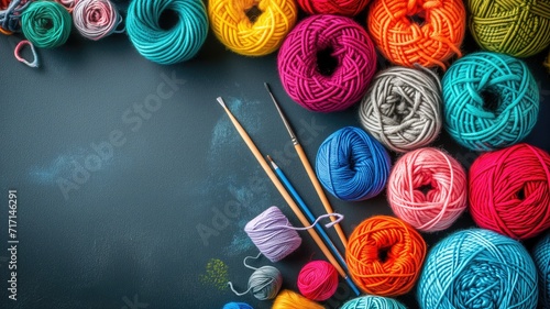 Colorful yarn balls and knitting needles on a dark surface photo