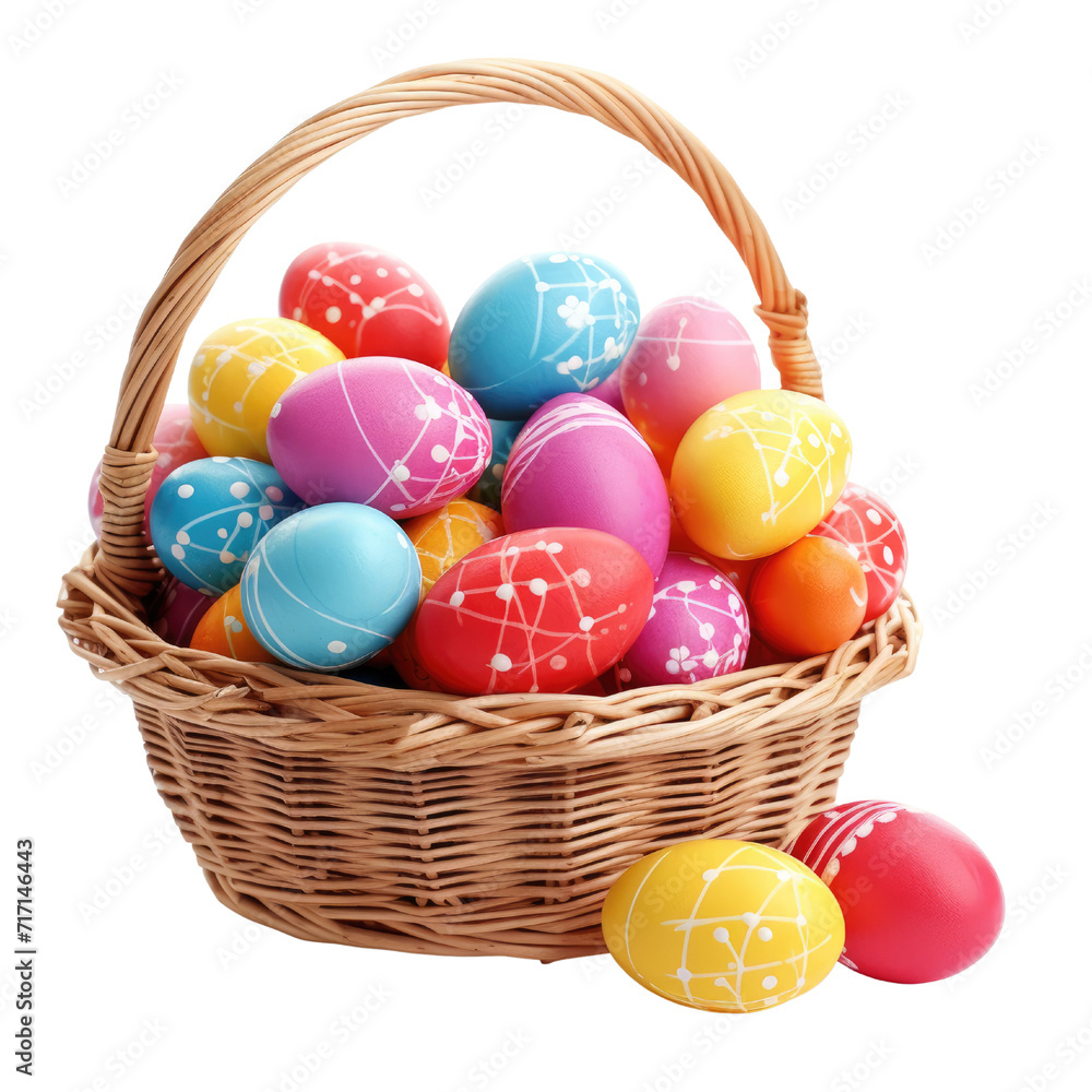 Colorful easter eggs in basket isolated on transparent background