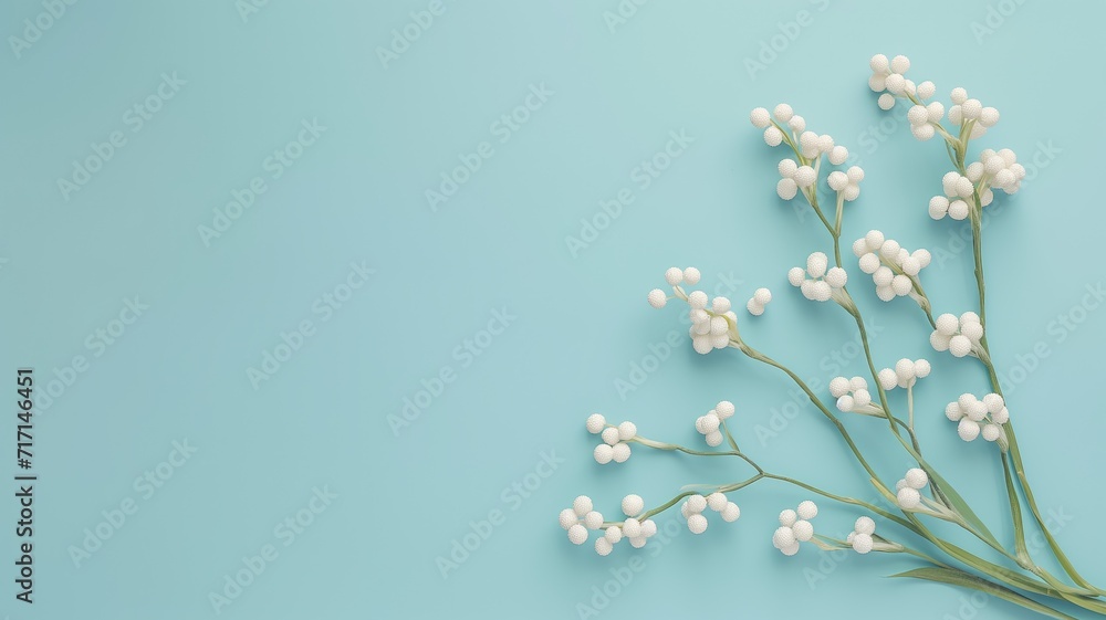 White berries on branches against a light blue background