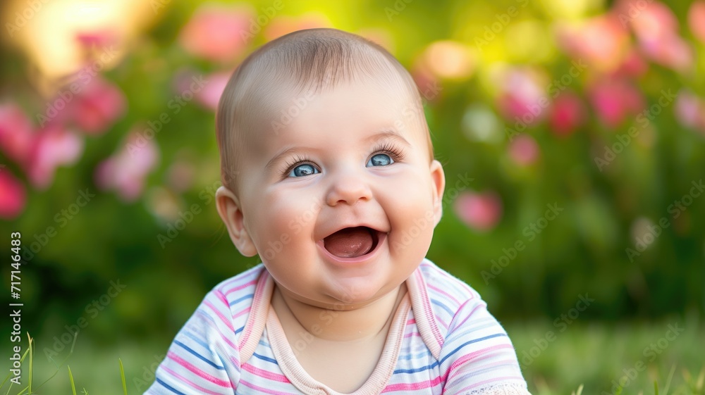 Joyful baby with blue eyes, laughing in a garden Joyful baby with blue eyes, laughing in a garden