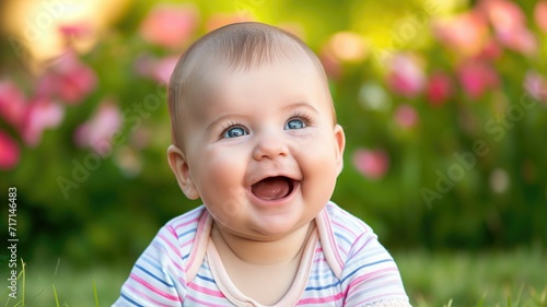 Joyful baby with blue eyes, laughing in a garden