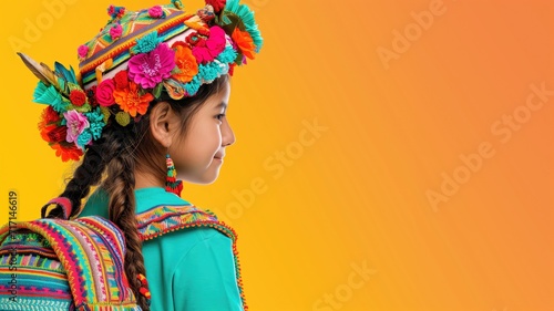 Young girl in traditional colorful attire with floral headpiece profiled against an orange background