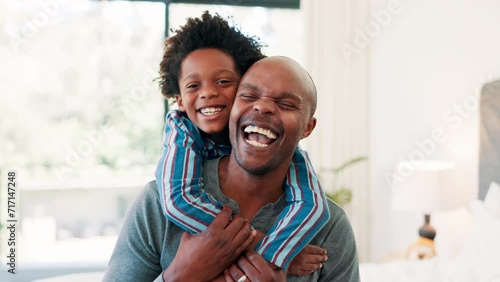 Smile, face or father with children to hug in home for care, safety or bond together to relax. Love, bedroom or happy single parent dad with fun kid for support, trust or comfort in a black family photo
