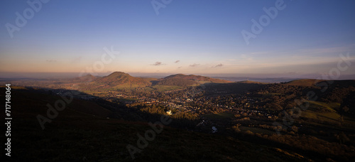 Landscape aerial view of Church Stretton and the Shropshire Hills from the Long Mynd