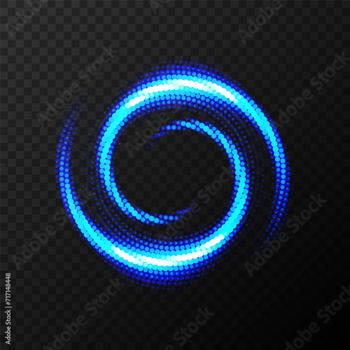 Halftone Blue Spiral Light on Dark Transparent Pattern, PNG Ready, Vector Illustration