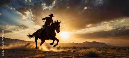 A lone cowboy and his trusty steed, silhouetted against the fiery orange and yellow hues of a desert sunset. © ginettigino
