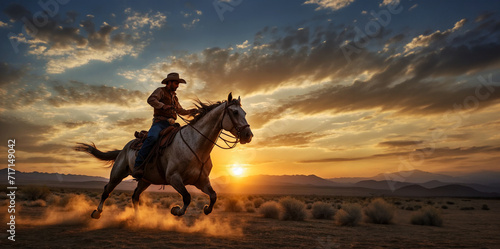 Vászonkép A lone cowboy and his trusty steed, silhouetted against the fiery orange and yellow hues of a desert sunset