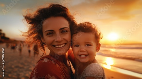 Smiling middle aged mom with her cute little child on the beach at sunset. Family on vacation and travel. Closeup portrait. AI Generated